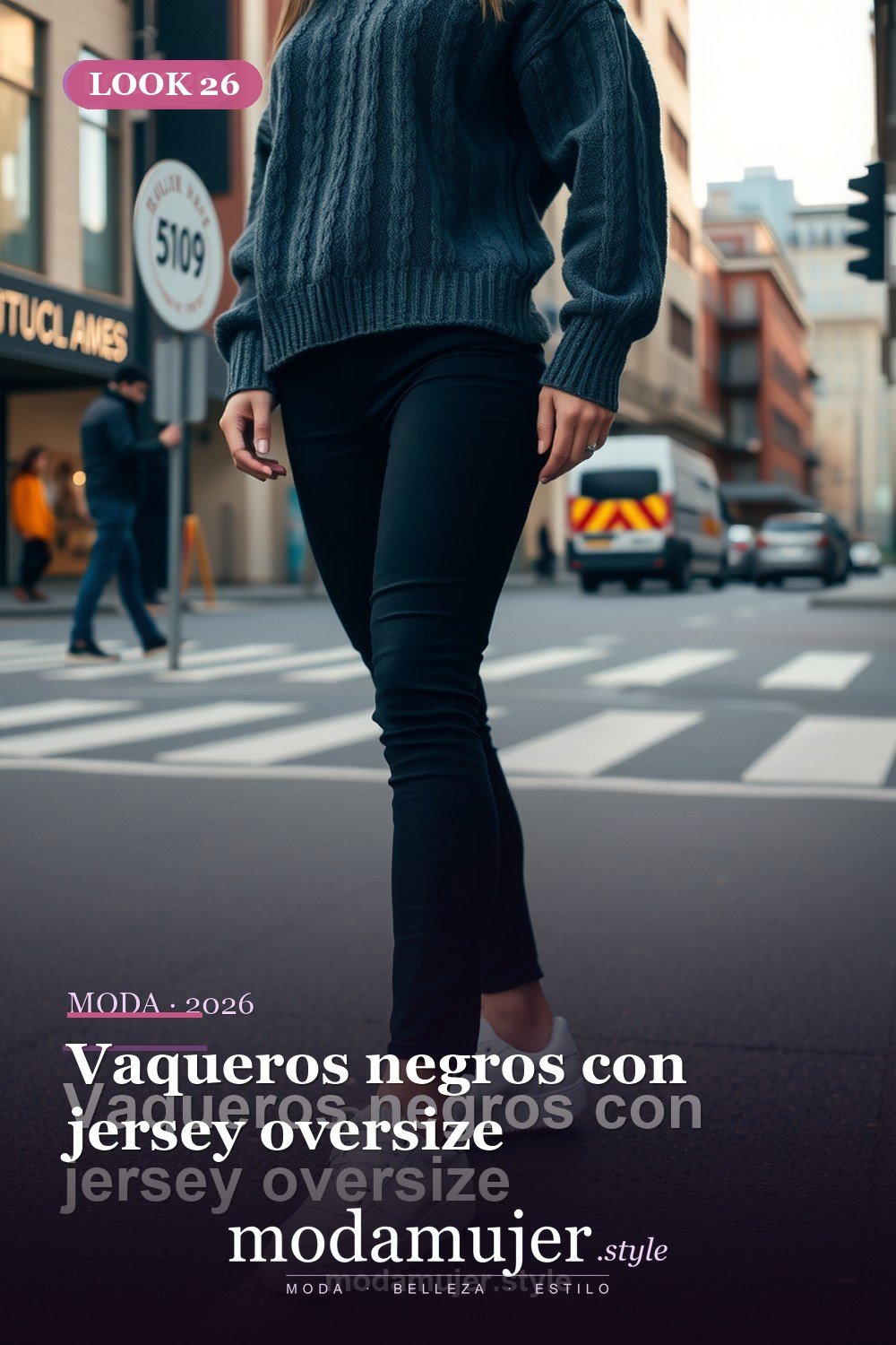 Vaqueros negros con jersey oversize — 30 outfits con vaqueros para mujer en 2026: ideas con jeans