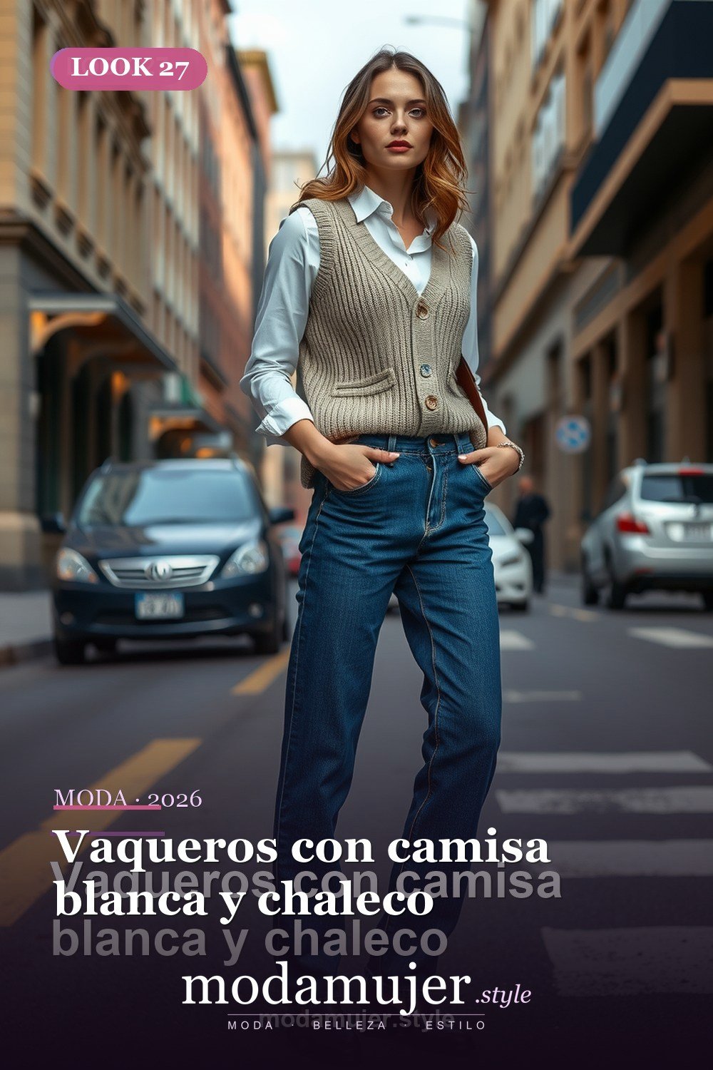 Vaqueros con camisa blanca y chaleco — 30 outfits con vaqueros para mujer en 2026: ideas con jeans