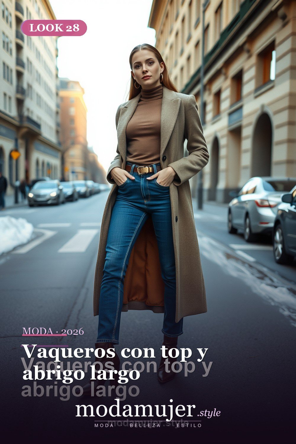 Vaqueros con top y abrigo largo — 30 outfits con vaqueros para mujer en 2026: ideas con jeans