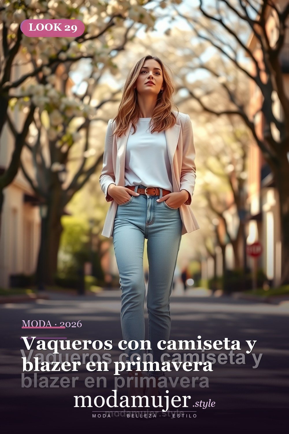 Vaqueros con camiseta y blazer en primavera — 30 outfits con vaqueros para mujer en 2026: ideas con jeans
