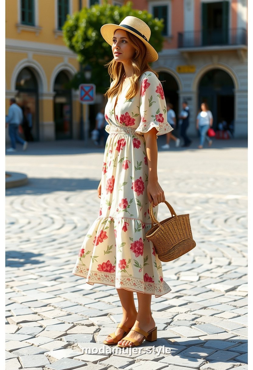 Mujer con vestido midi vaporoso de estampado floral y sombrero de paja en exterior soleado