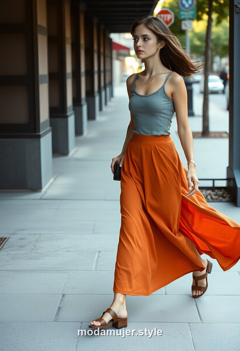 Mujer con top de punto de tirantes y falda larga fluida caminando por la ciudad en verano