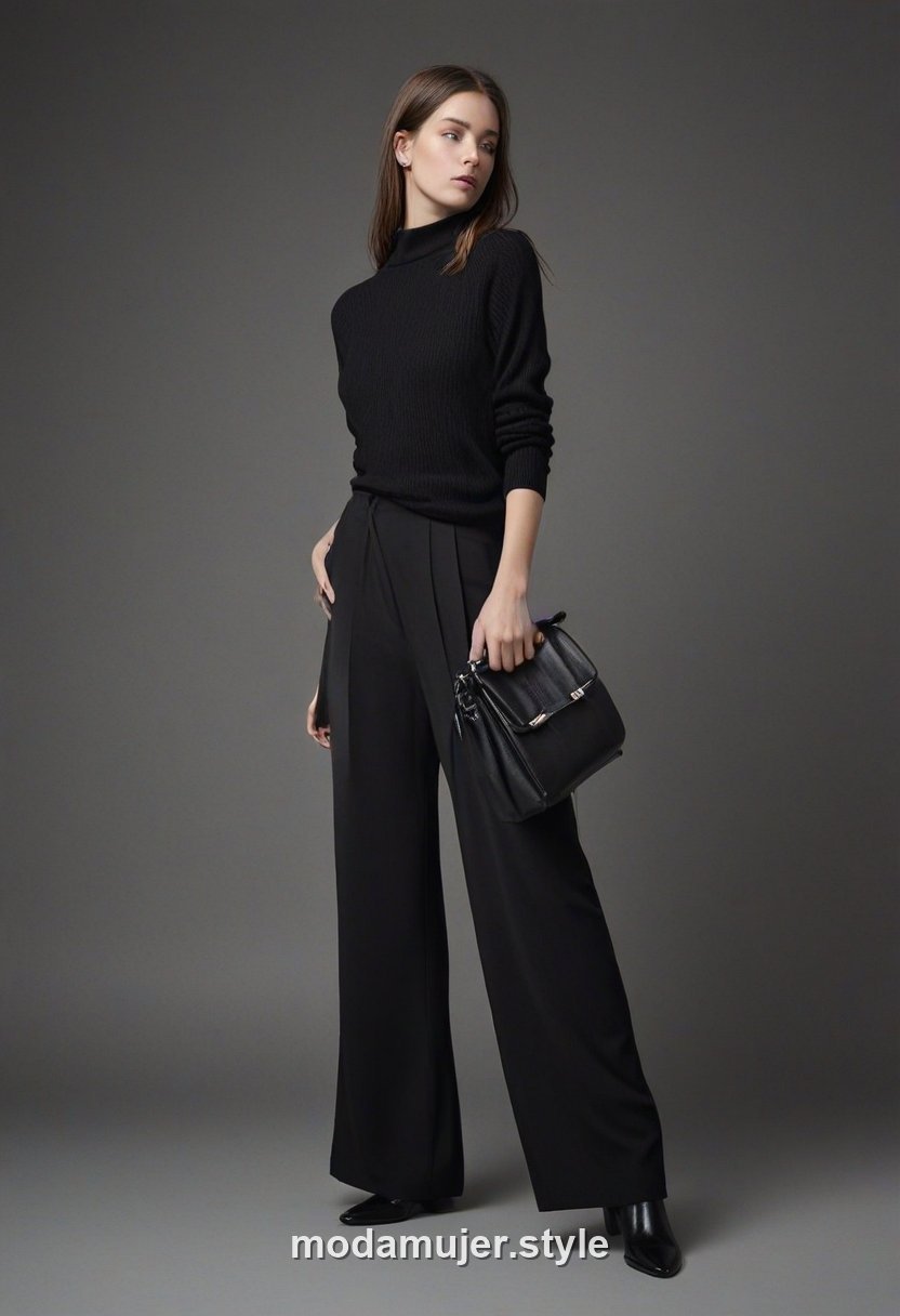 Mujer con look total black: jersey de punto y pantalón palazzo negro