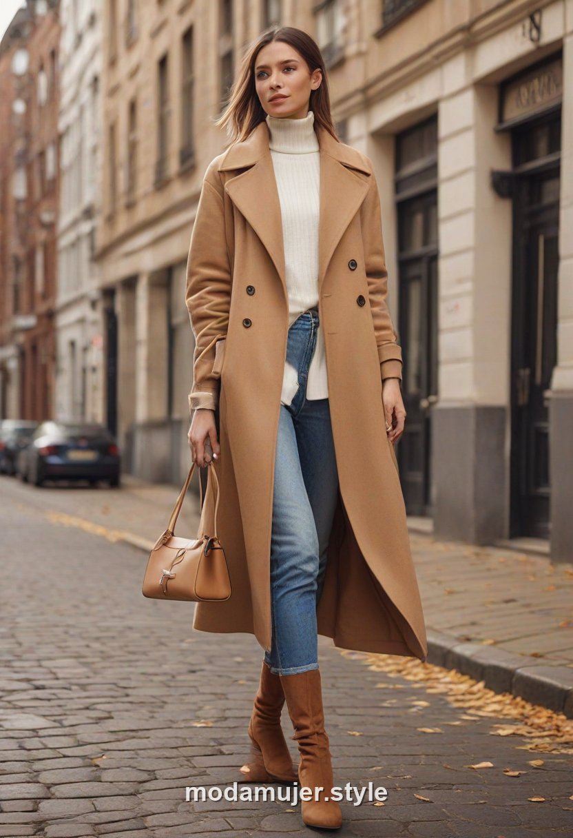 Mujer con abrigo camel largo, jersey blanco y vaqueros rectos