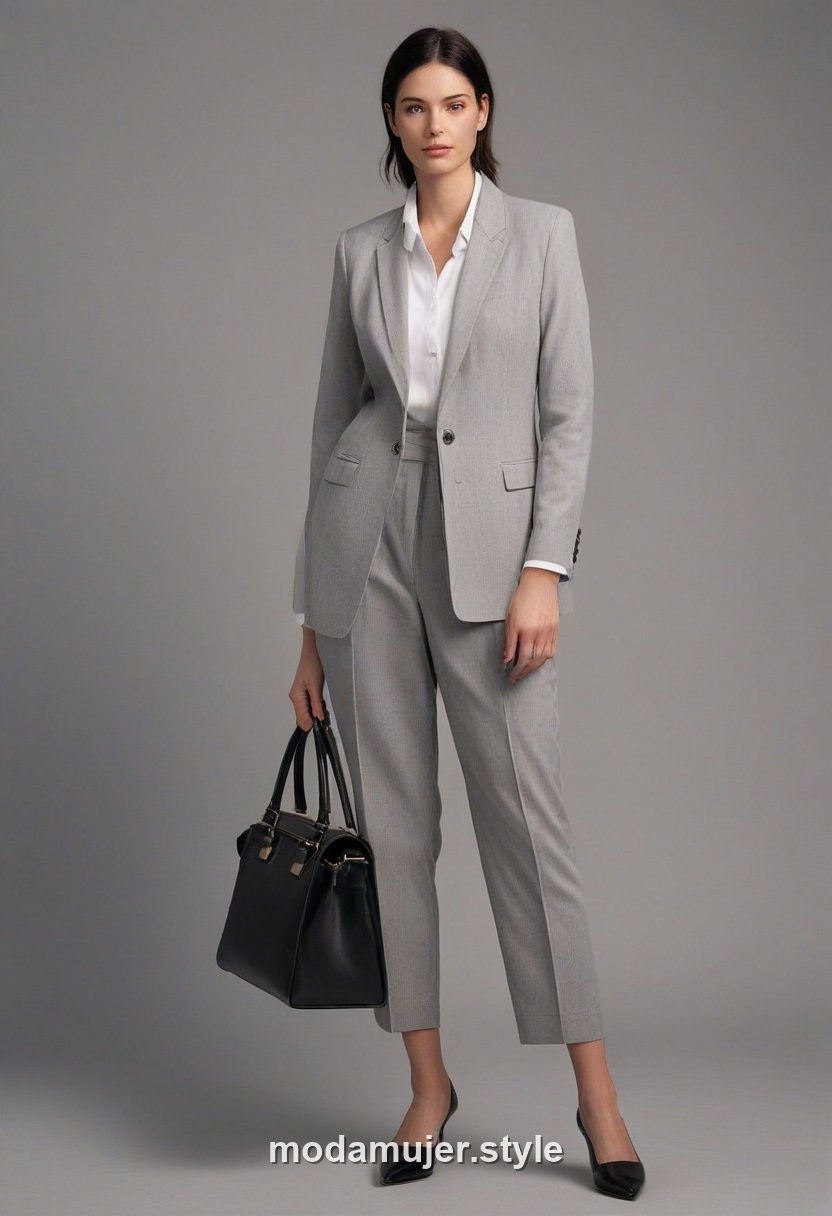 Mujer con traje sastre gris y camiseta blanca en entorno profesional