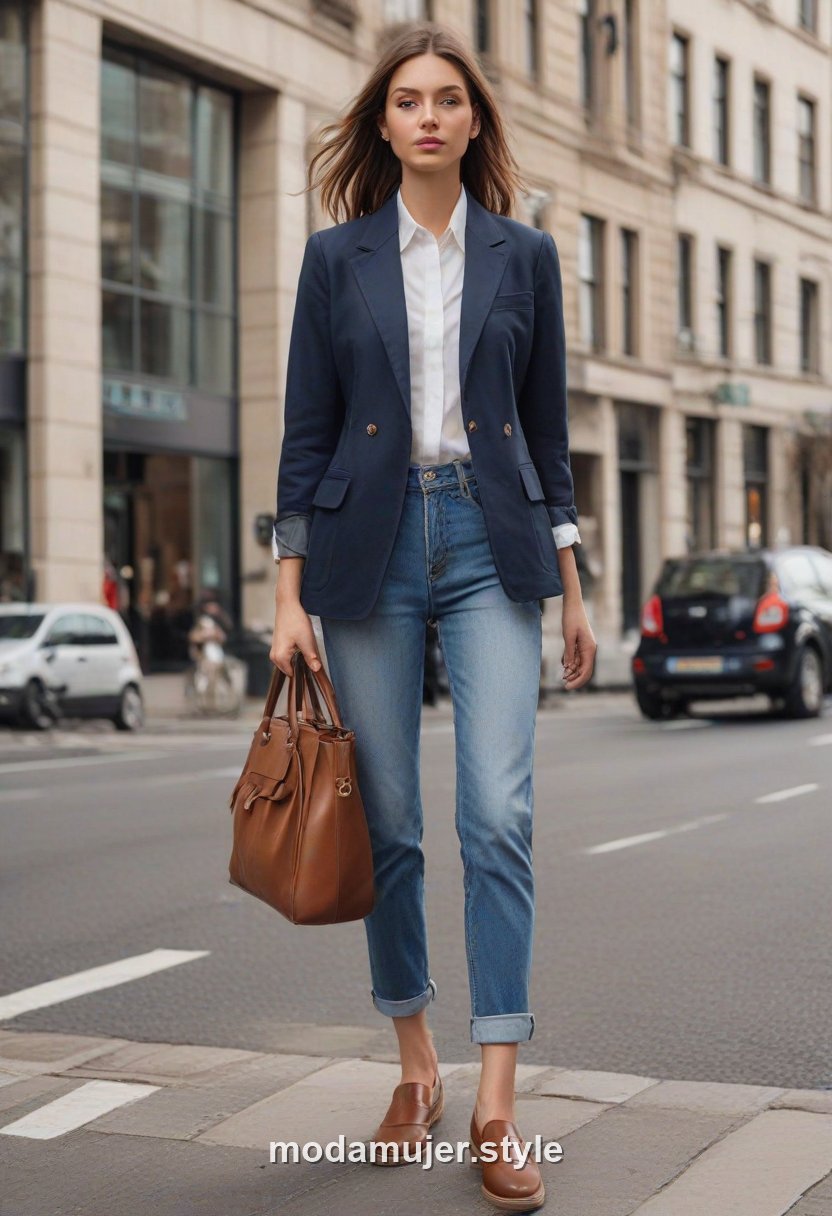 Mujer con blazer azul marino, camisa blanca y vaqueros rectos