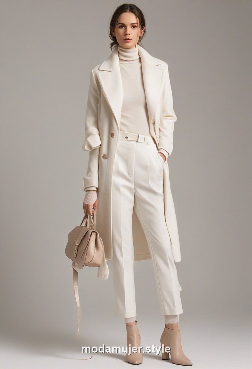 Mujer con look blanco invernal: abrigo, cuello alto y pantalón sastre
