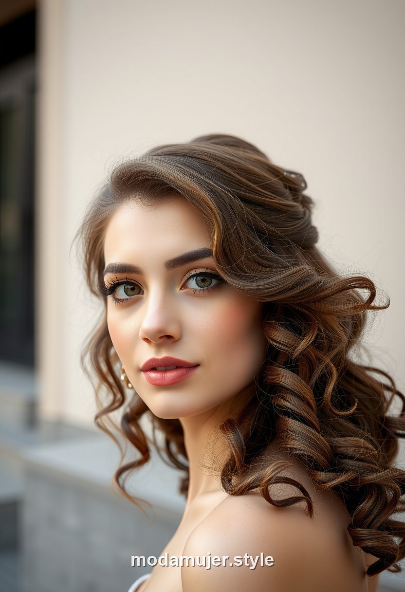 Mujer con semirrecogido en cabello rizado y rizos sueltos por detrás