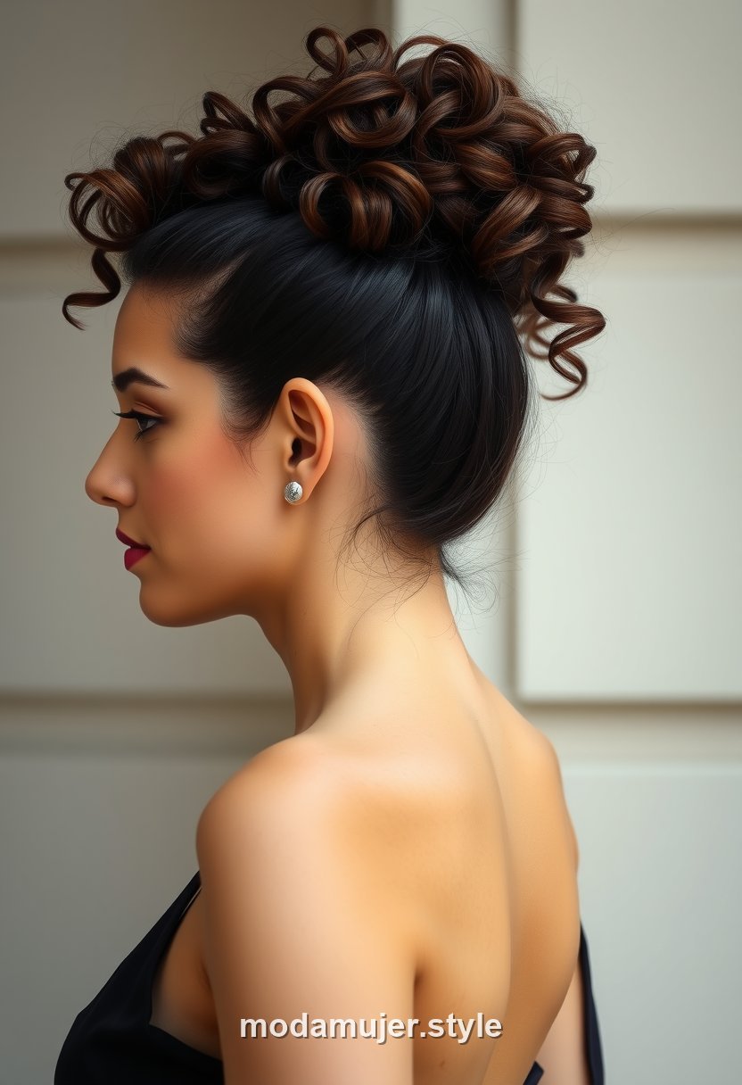 Mujer con coleta alta de cabello rizado y volumen