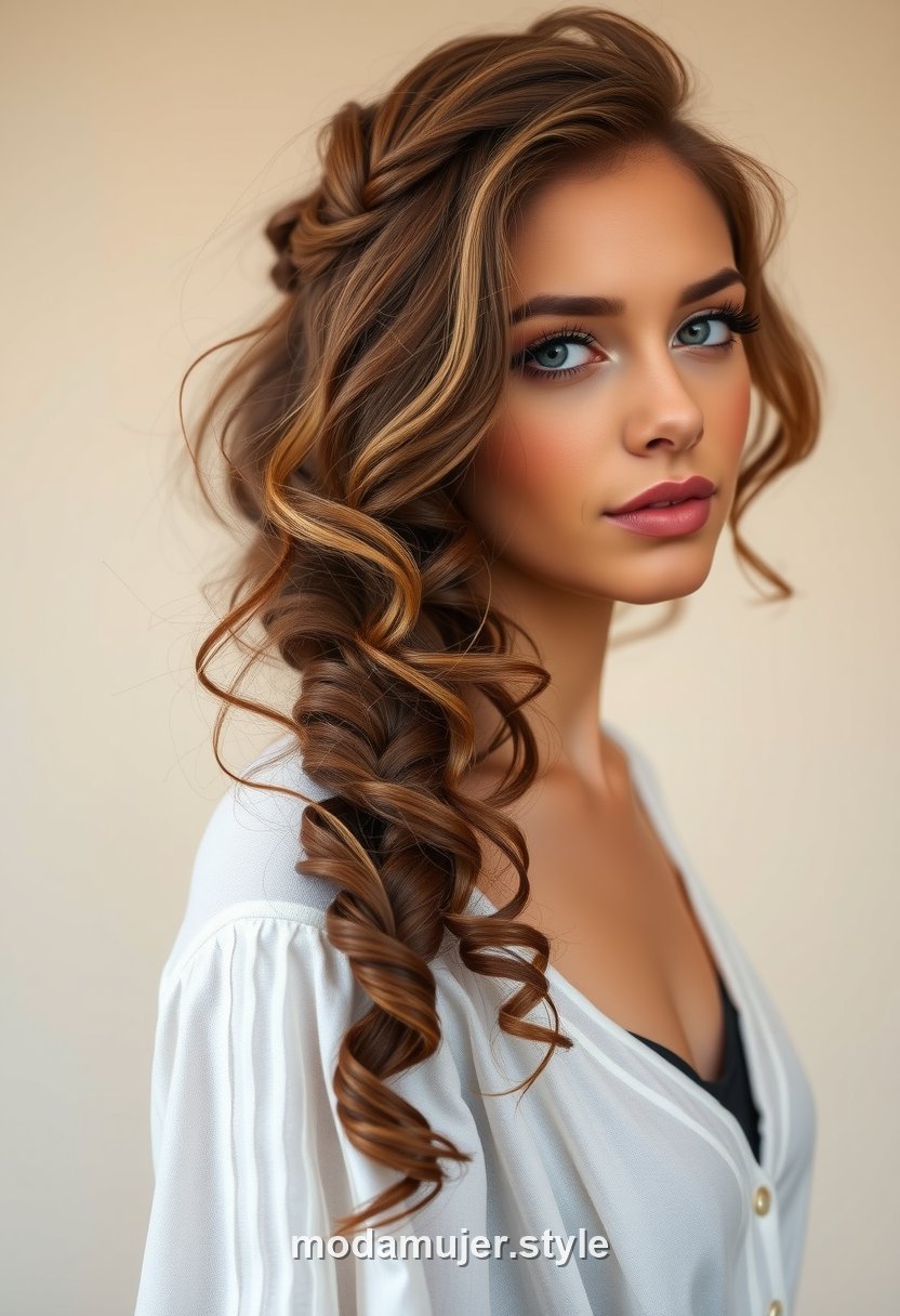Mujer con trenza lateral y rizos sueltos voluminosos
