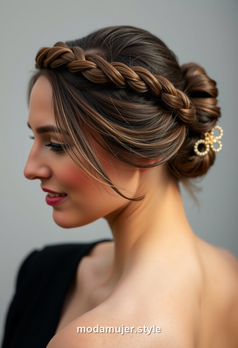 Mujer con trenza corona rodeando la cabeza como diadema