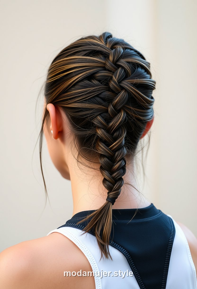 Mujer con trenza holandesa en relieve sobre el cabello