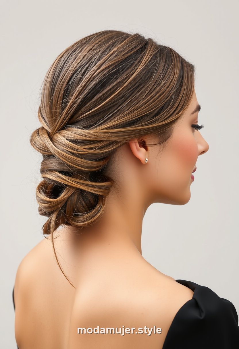 Mujer con trenza baja elegante recogida en la nuca