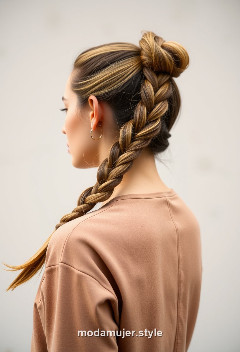 Mujer con coleta alta rematada en una trenza