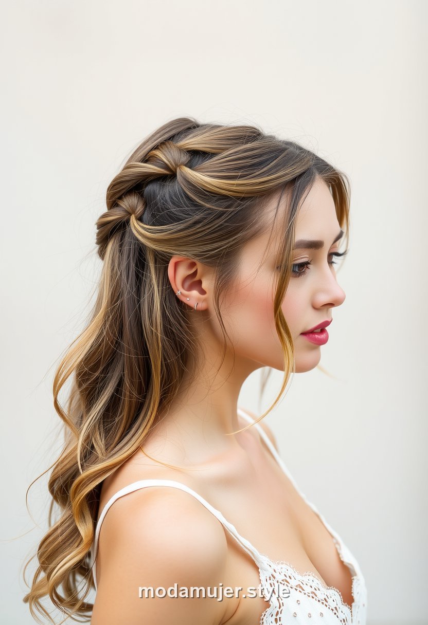 Mujer con peinado boho de trenzas finas y cabello suelto con ondas