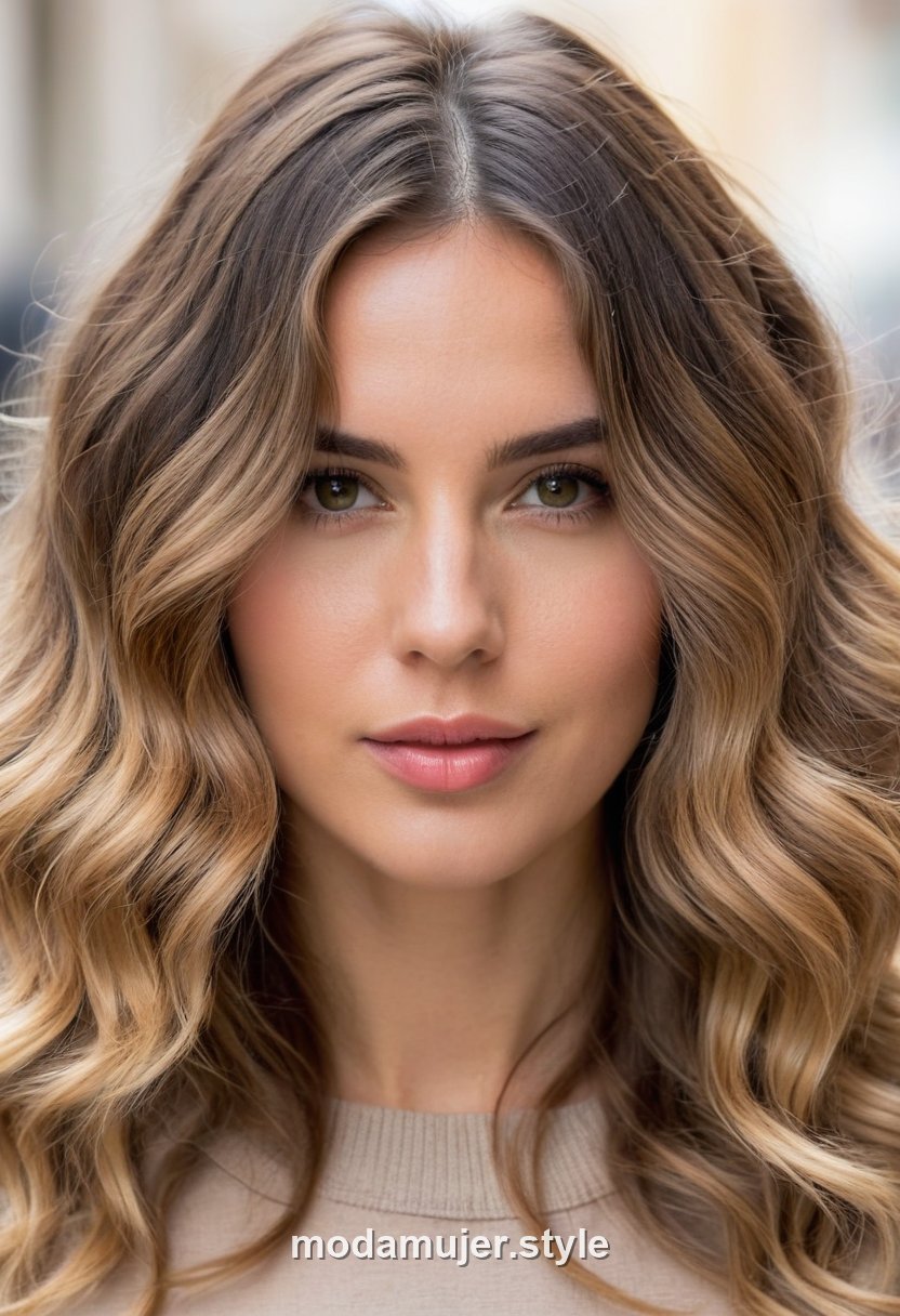 Mujer con ondas amplias y raya al medio
