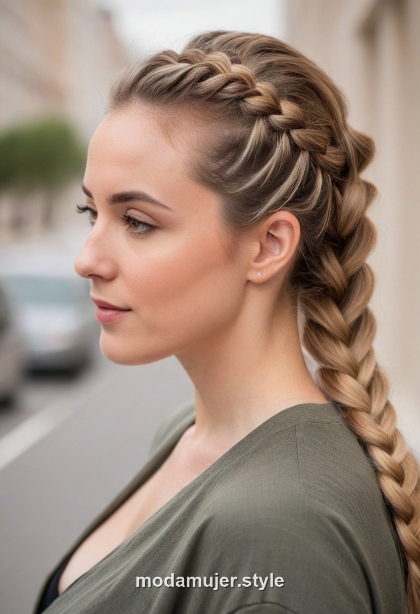 Mujer con trenza lateral romántica cayendo sobre el hombro