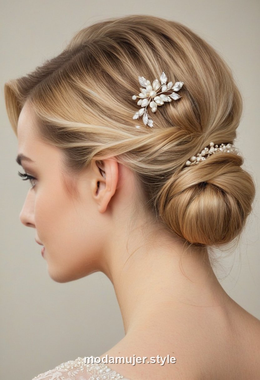 Mujer con recogido decorado con horquillas de perlas