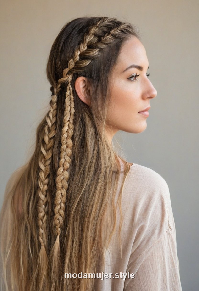 Mujer con semirrecogido de dos trenzas finas unidas detrás