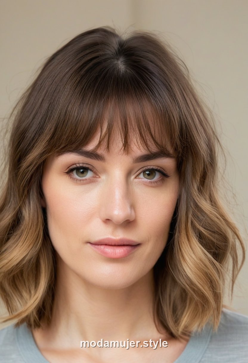 Mujer con flequillo cortina y ondas suaves