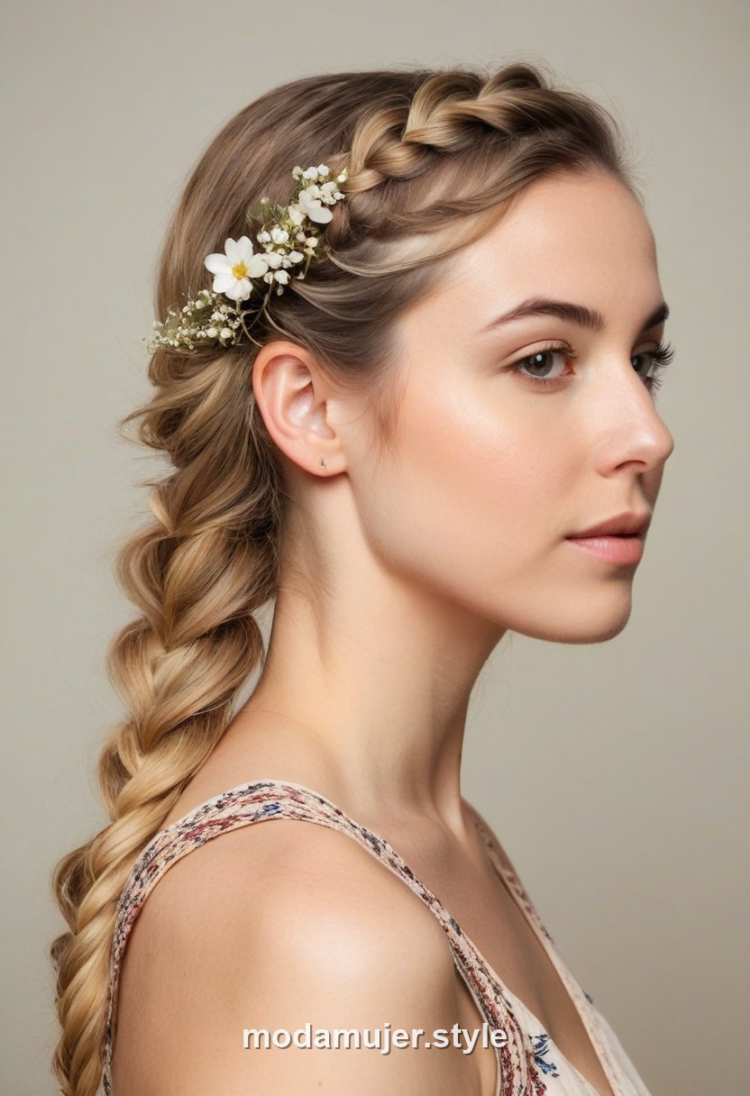 Mujer con trenza lateral decorada con pequeñas flores