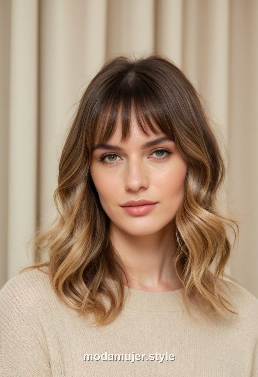 Mujer con flequillo cortina y ondas glam para evento