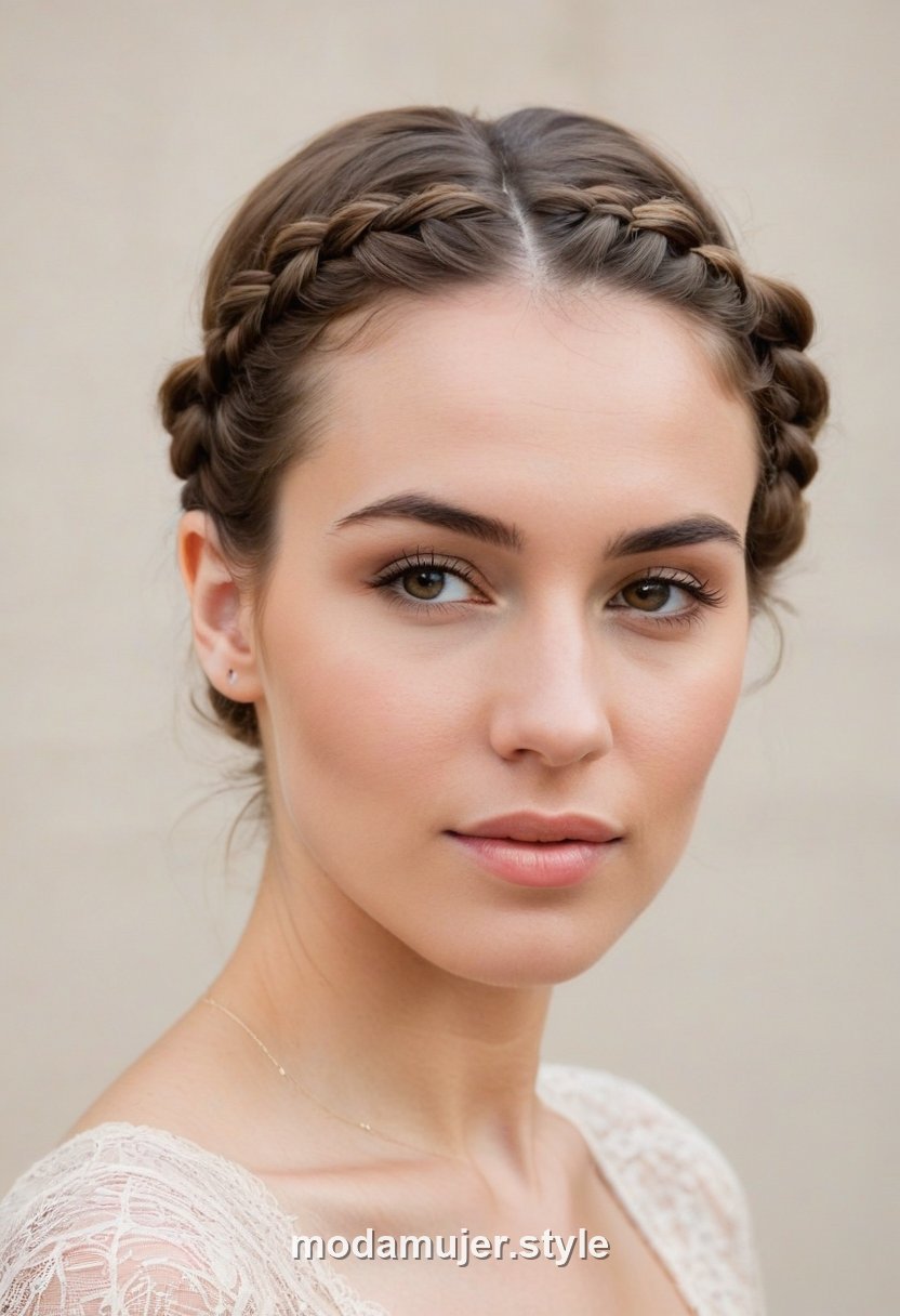 Mujer con trenza recogida formando un halo alrededor de la cabeza