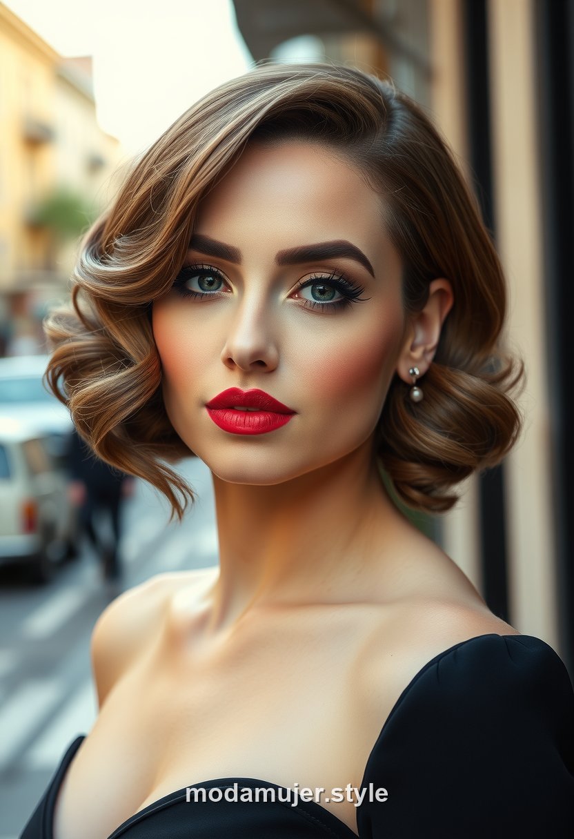 Mujer con pelo corto y ondas glam estilo Hollywood para evento