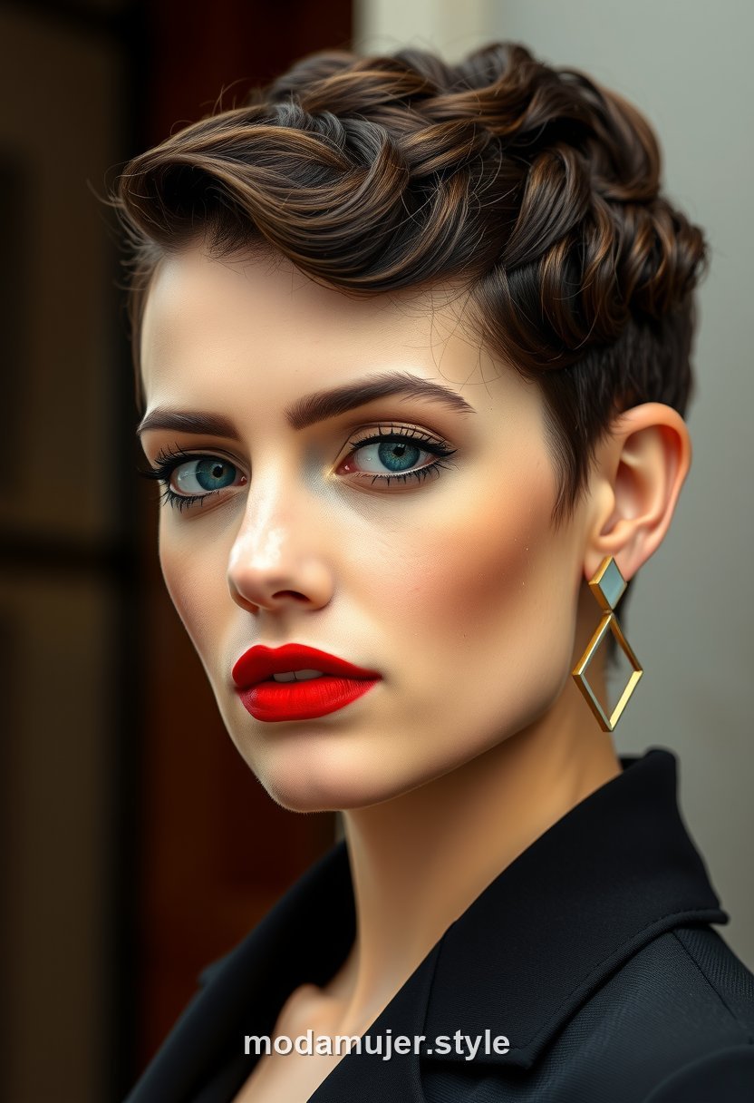 Mujer con pelo corto y ondas al agua retro estilo años veinte