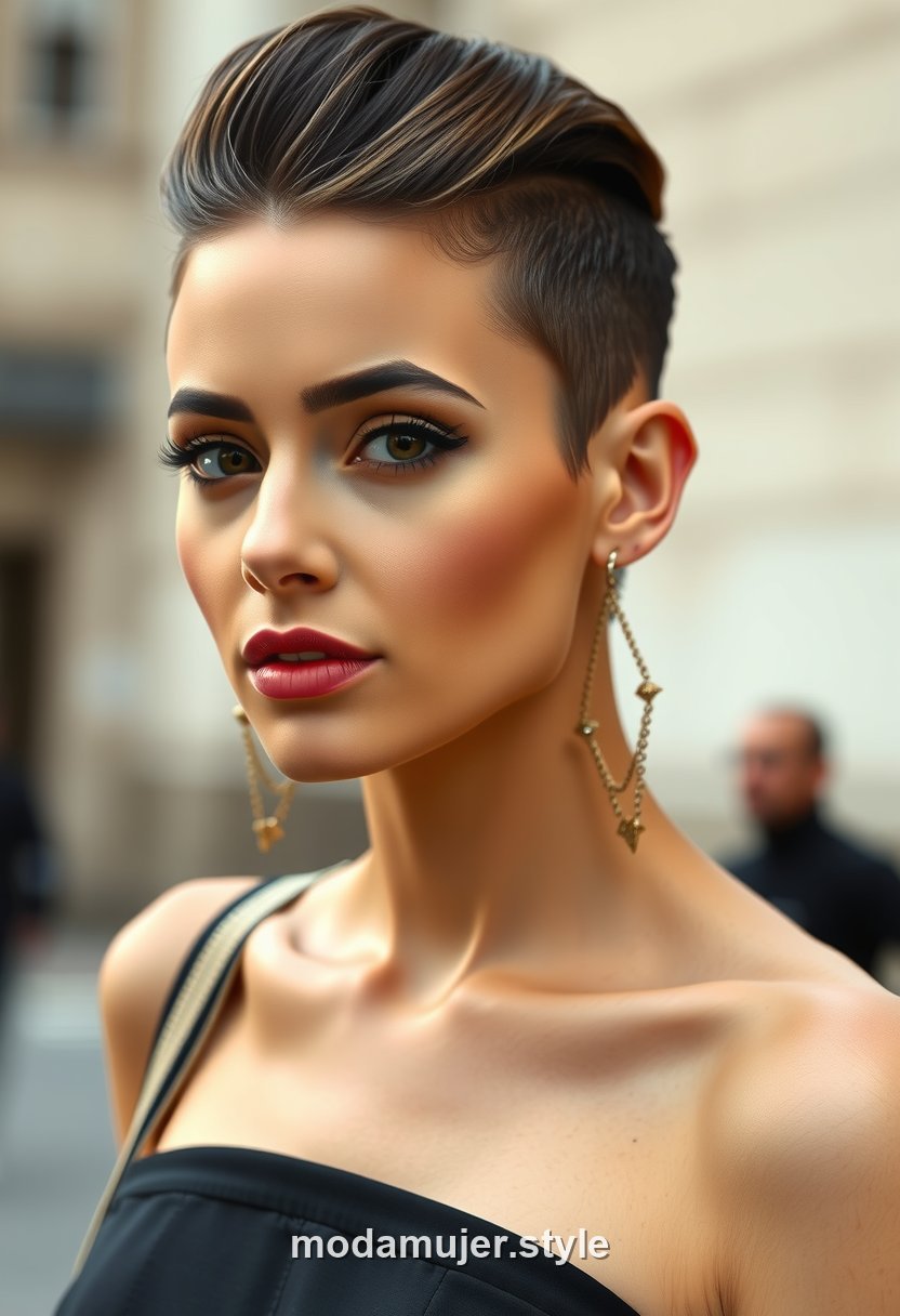 Mujer con pelo corto y tupé elegante peinado hacia atrás
