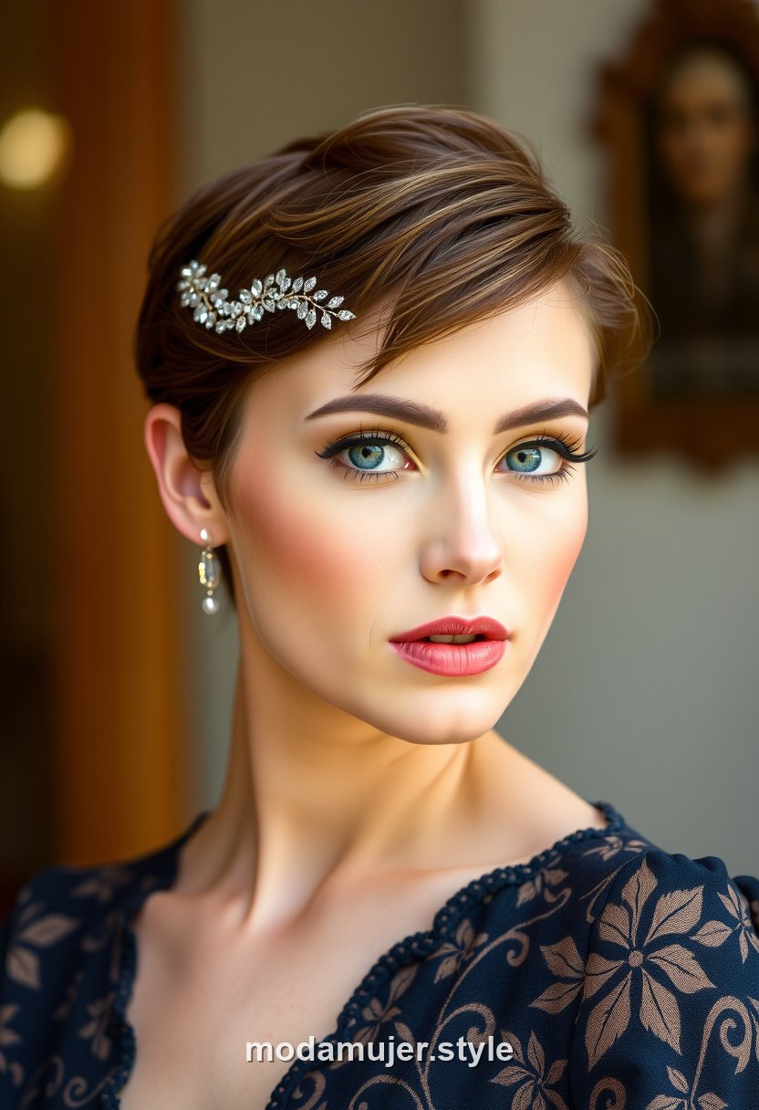 Mujer con corte pixie y diadema fina de pedrería para evento