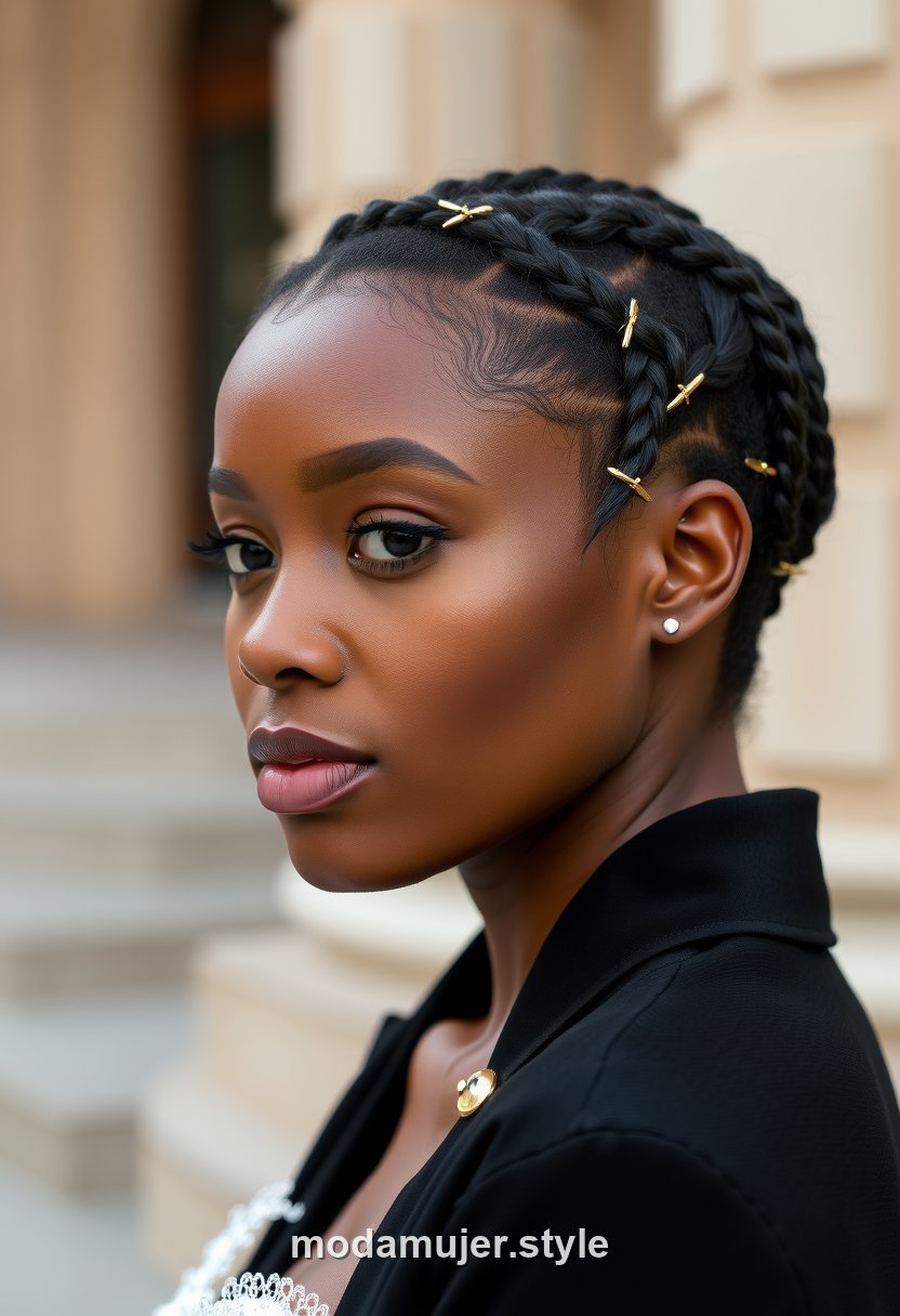 Mujer con pelo corto y trenza lateral pegada estilo boho para boda