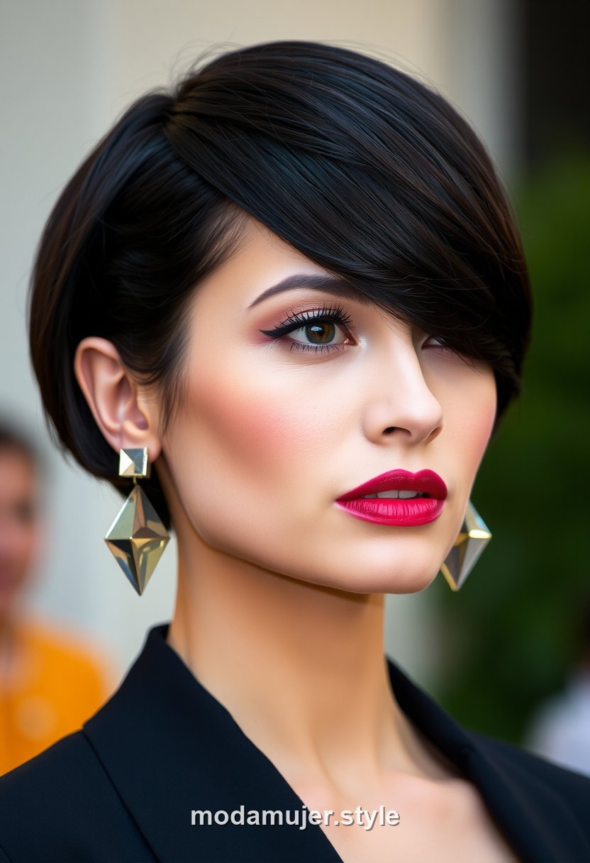 Mujer con bob pulido liso y raya marcada para evento elegante