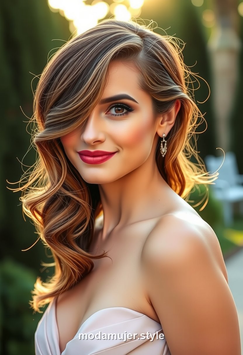 Mujer invitada de boda con ondas suaves y brillantes tipo Hollywood, melena suelta glamurosa