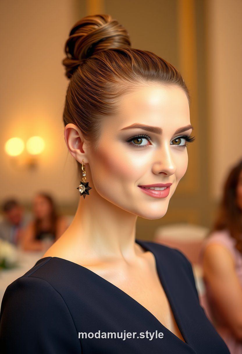 Mujer invitada de boda con coleta alta tirante y pulida, brillante, look moderno