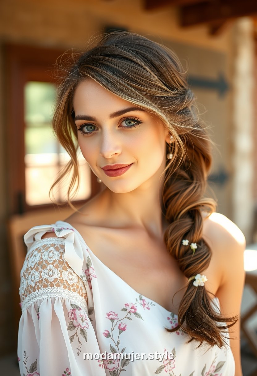 Mujer invitada de boda con trenza romantica lateral deshilachada sobre el hombro con flores