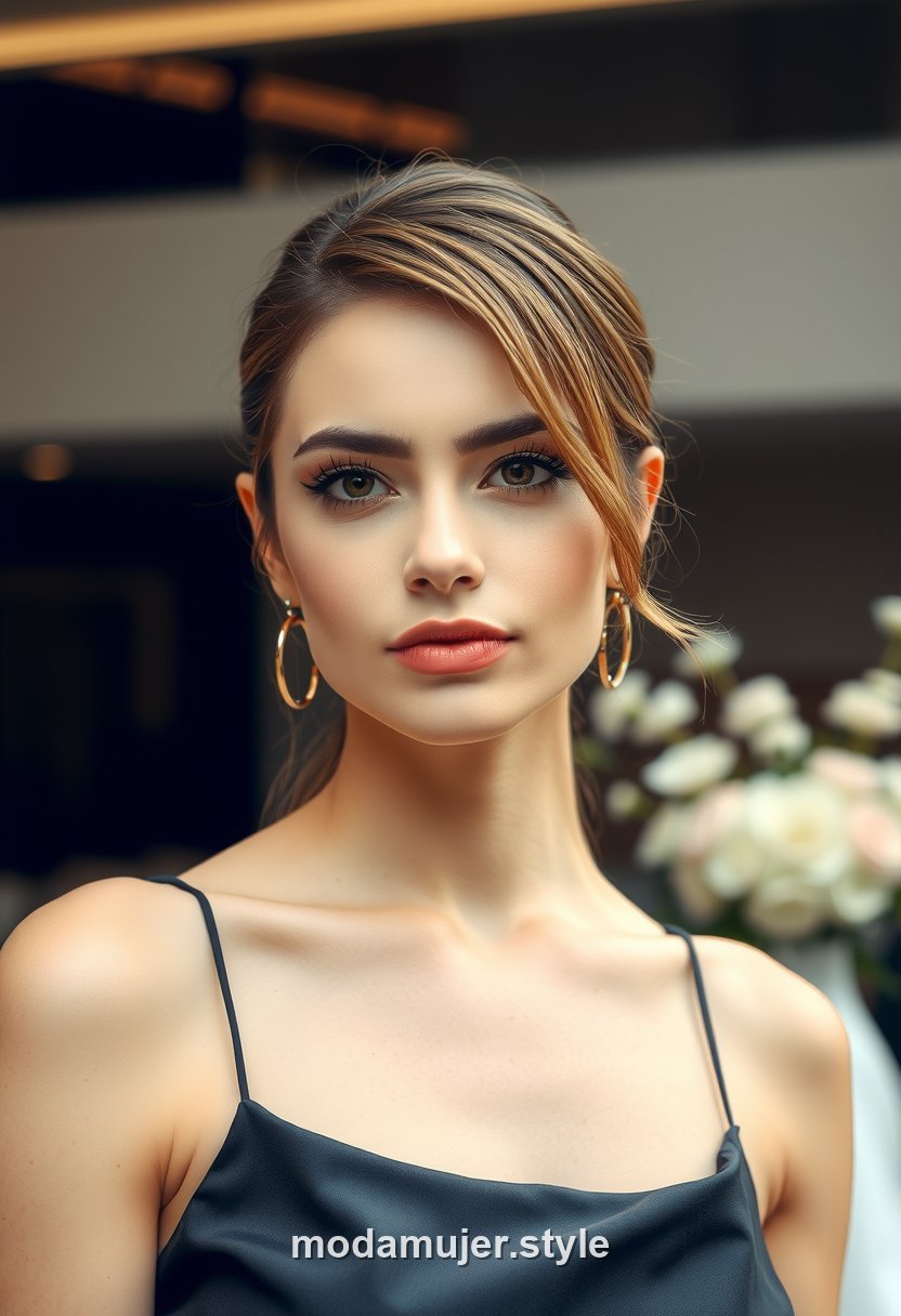 Mujer invitada de boda con wet look suave, pelo peinado hacia atras con brillo, look editorial