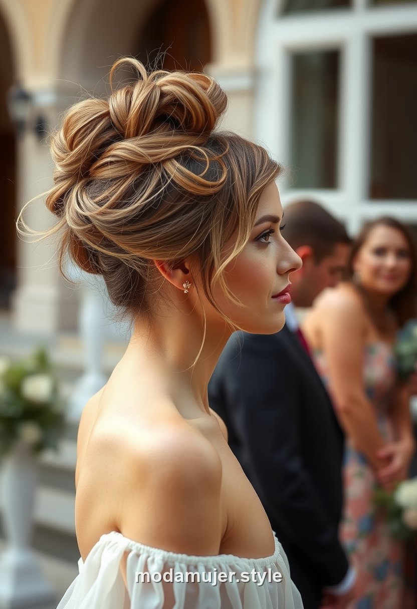 Mujer invitada de boda con mono messy alto desenfadado con volumen y mechones sueltos