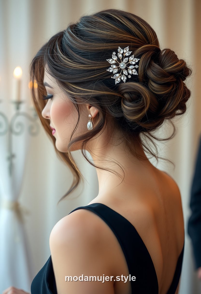 Mujer invitada de boda con cabello suelto y accesorio joya, horquillas con perlas o pasador dorado