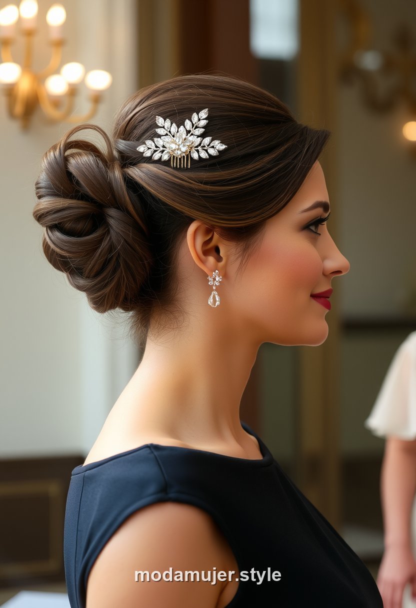 Mujer invitada de boda con recogido clasico estructurado con volumen en la coronilla, elegante de gala