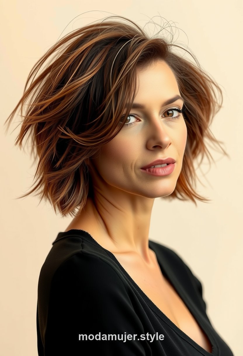 Mujer de unos 40 años con corte shag suave de capas desfiladas y volumen
