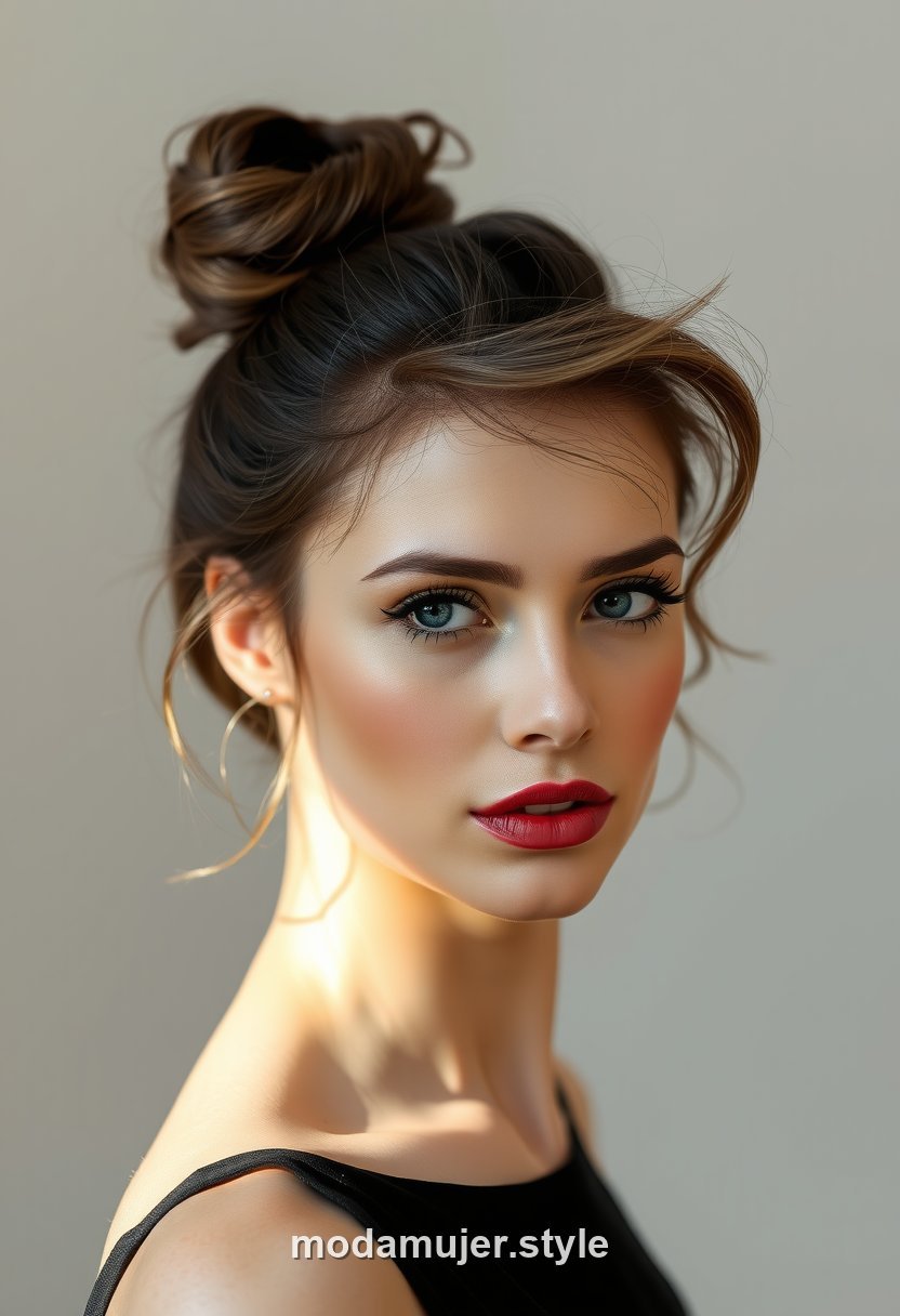 Mujer de cara redonda con recogido alto (top knot) y mechones sueltos enmarcando el rostro