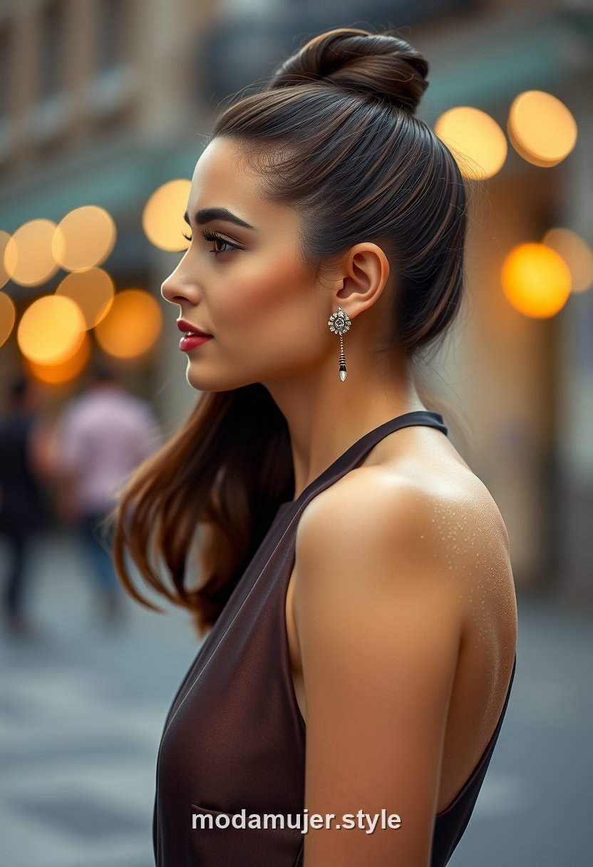 Joven con coleta alta pulida y brillante, look moderno y estilizado de graduacion