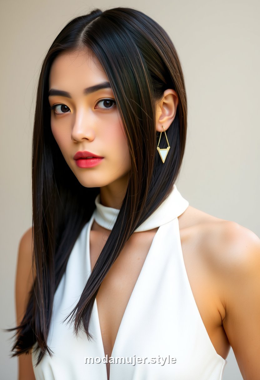Joven con melena lisa, brillante y raya al medio, look minimalista y moderno de graduacion