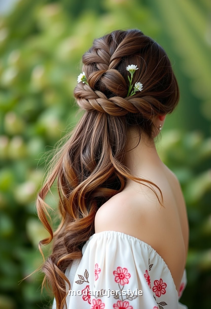 Joven con semirecogido boho de trenzas finas tipo corona y melena ondulada, look de graduacion