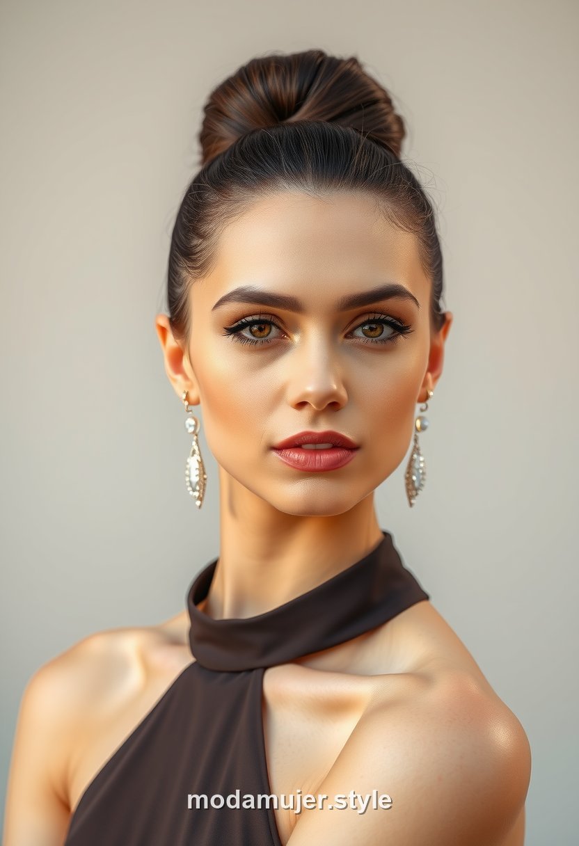 Joven con mono alto pulido tipo bailarina, look refinado y elegante de graduacion