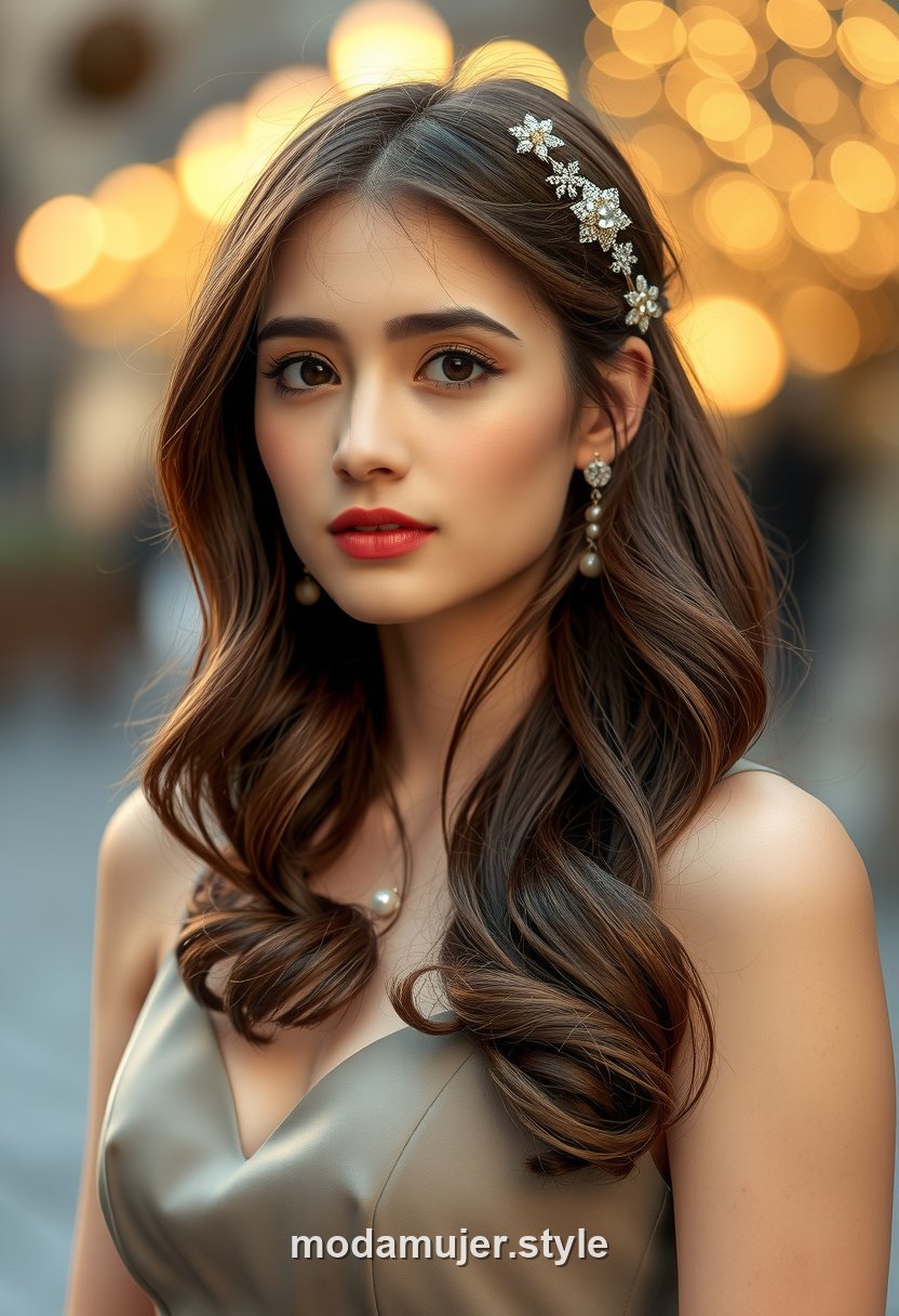 Joven con ondas sueltas y accesorio brillante (pinzas perladas), look festivo de graduacion