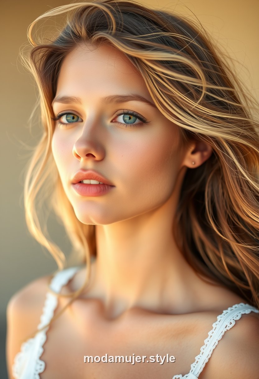 Mujer con beach waves, ondas playeras naturales en verano