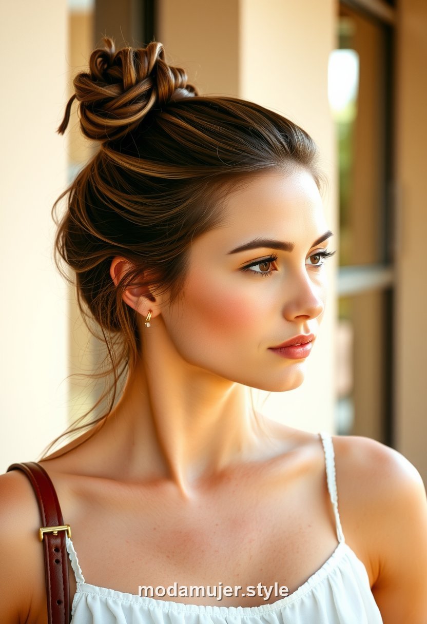 Mujer con half bun, medio recogido, en verano
