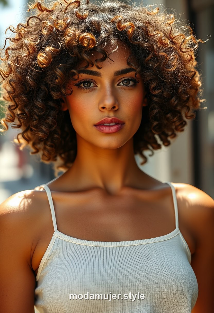 Mujer con rizos naturales definidos en verano